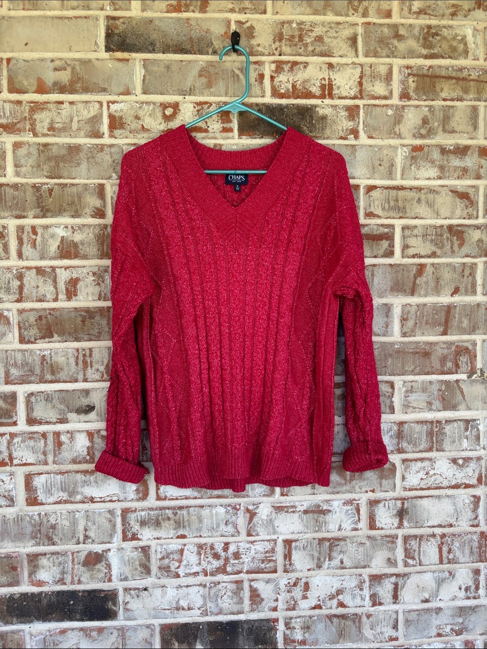 Chaps‎ Women's Red Cable V-Neck Sweater